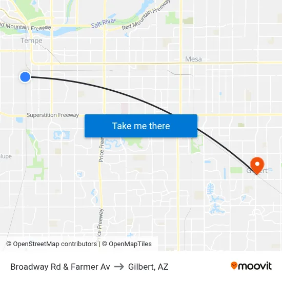 Broadway Rd & Farmer Av to Gilbert, AZ map