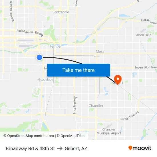 Broadway Rd & 48th St to Gilbert, AZ map