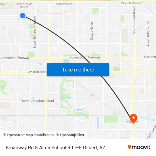 Broadway Rd & Alma School Rd to Gilbert, AZ map