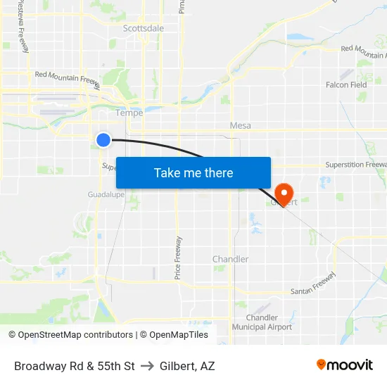 Broadway Rd & 55th St to Gilbert, AZ map