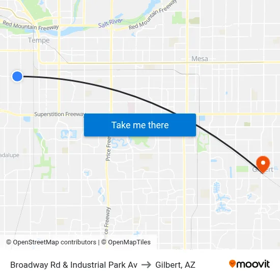 Broadway Rd & Industrial Park Av to Gilbert, AZ map
