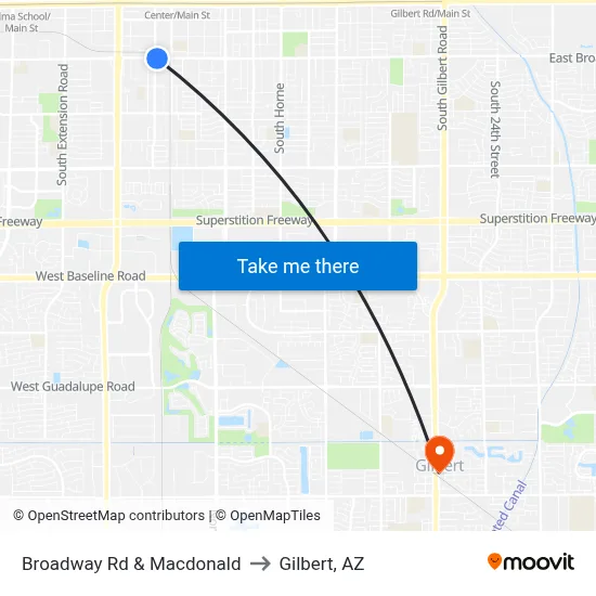 Broadway Rd & Macdonald to Gilbert, AZ map