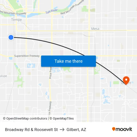 Broadway Rd & Roosevelt St to Gilbert, AZ map