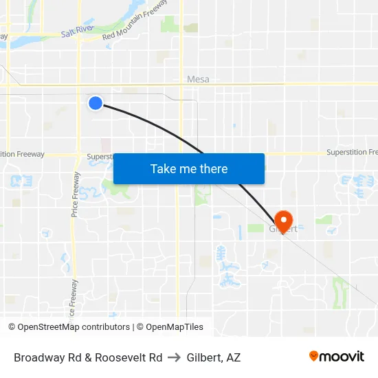 Broadway Rd & Roosevelt Rd to Gilbert, AZ map