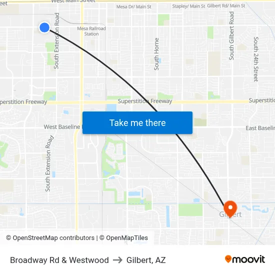 Broadway Rd & Westwood to Gilbert, AZ map