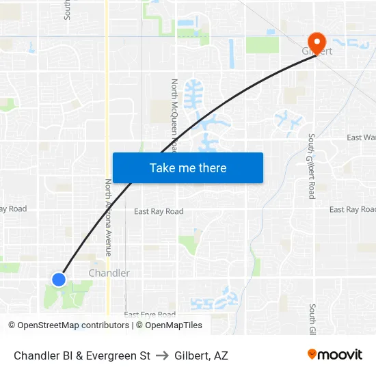 Chandler Bl & Evergreen St to Gilbert, AZ map