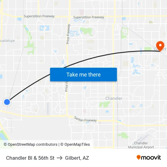 Chandler Bl & 56th St to Gilbert, AZ map