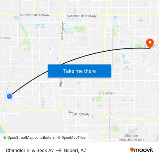 Chandler Bl & Beck Av to Gilbert, AZ map