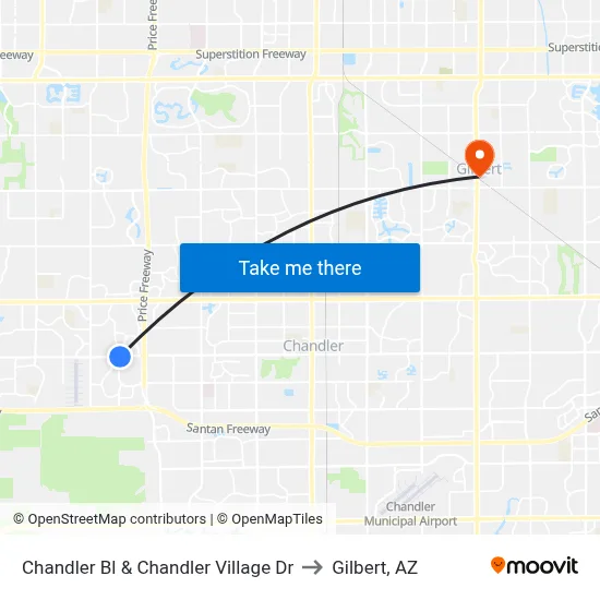 Chandler Bl & Chandler Village Dr to Gilbert, AZ map