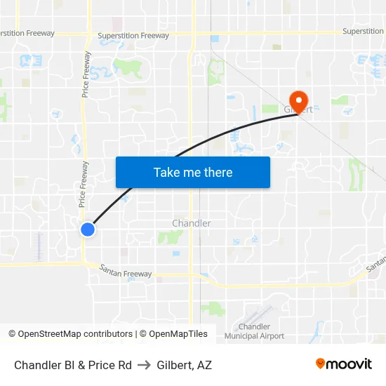 Chandler Bl & Price Rd to Gilbert, AZ map