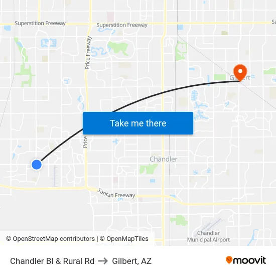 Chandler Bl & Rural Rd to Gilbert, AZ map