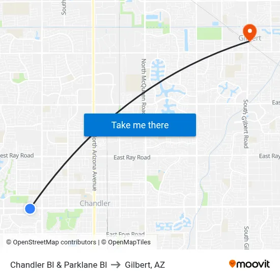 Chandler Bl & Parklane Bl to Gilbert, AZ map