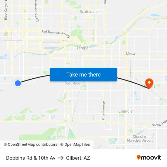 Dobbins Rd & 10th Av to Gilbert, AZ map