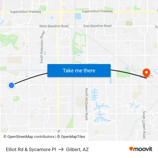 Elliot Rd & Sycamore Pl to Gilbert, AZ map