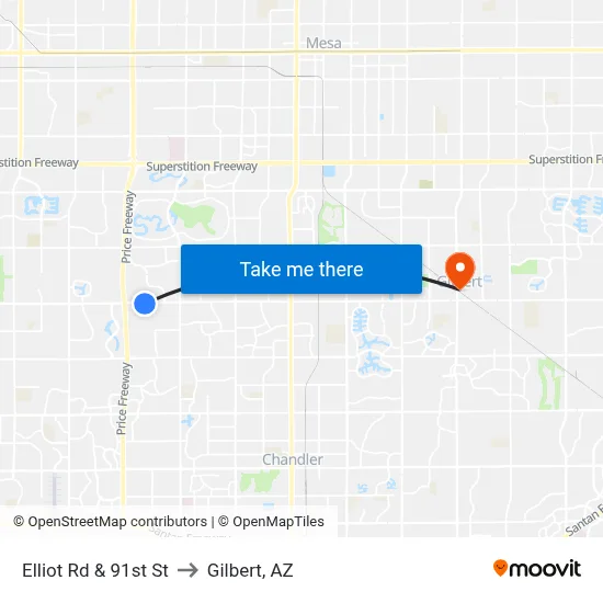 Elliot Rd & 91st St to Gilbert, AZ map