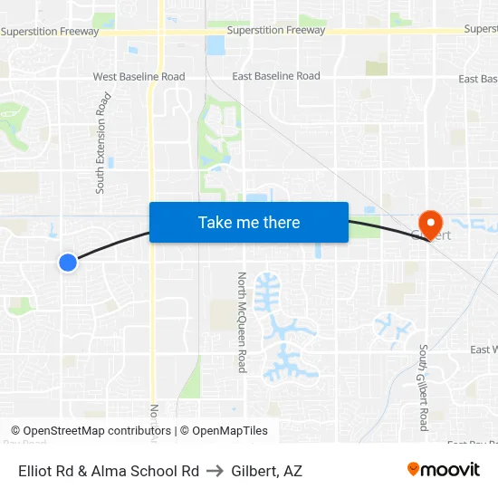 Elliot Rd & Alma School Rd to Gilbert, AZ map