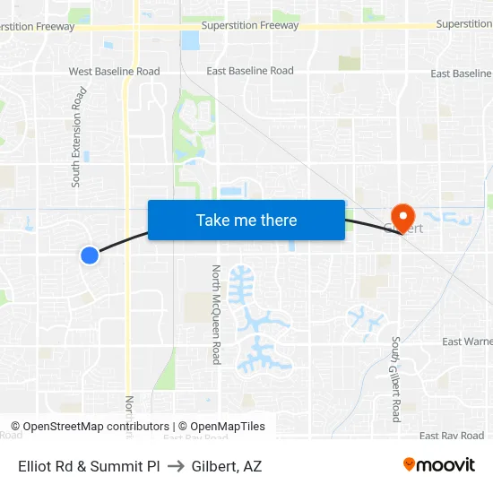 Elliot Rd & Summit Pl to Gilbert, AZ map
