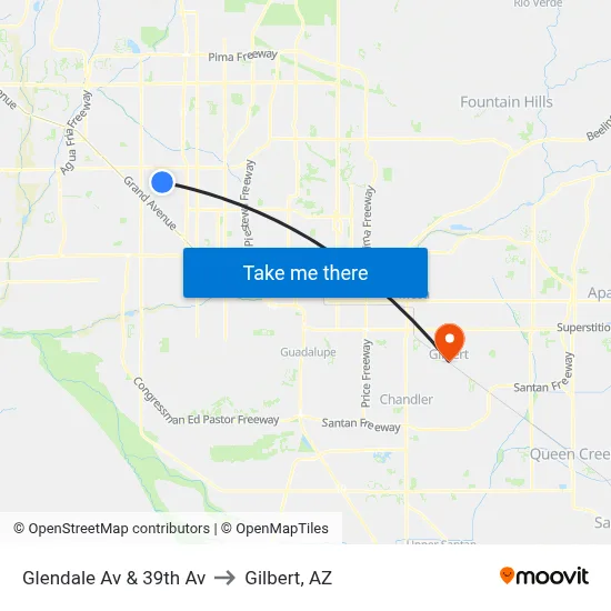 Glendale Av & 39th Av to Gilbert, AZ map
