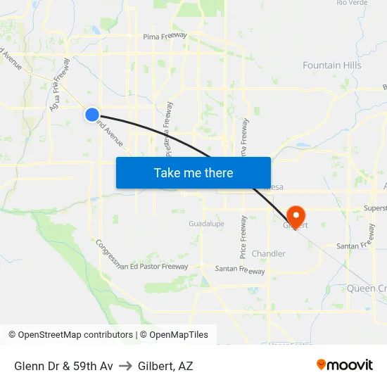 Glenn Dr & 59th Av to Gilbert, AZ map