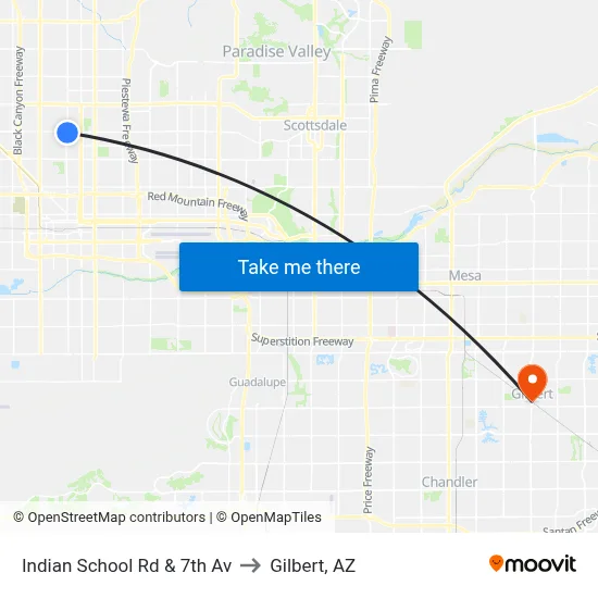 Indian School Rd & 7th Av to Gilbert, AZ map