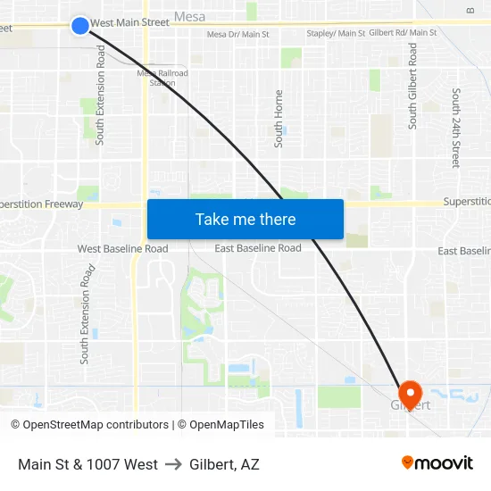Main St & 1007 West to Gilbert, AZ map