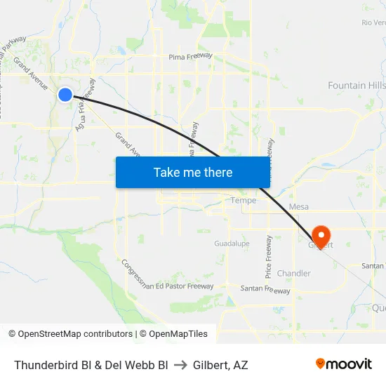 Thunderbird Bl & Del Webb Bl to Gilbert, AZ map