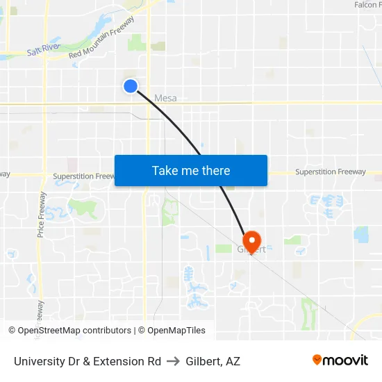 University Dr & Extension Rd to Gilbert, AZ map