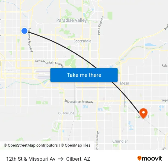 12th St & Missouri Av to Gilbert, AZ map