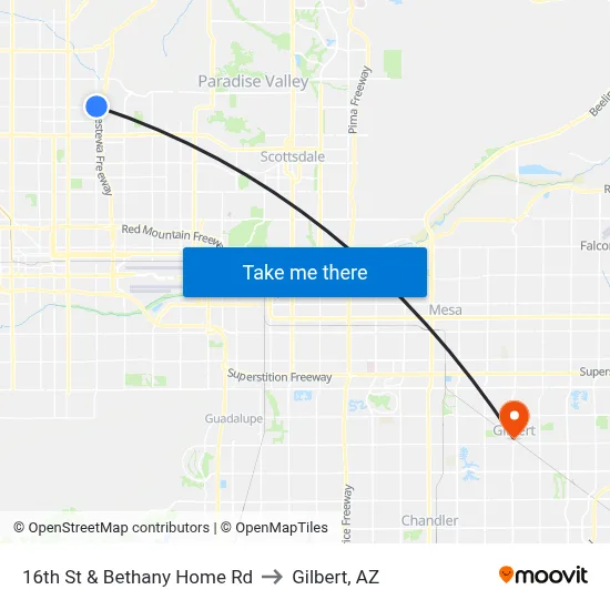 16th St & Bethany Home Rd to Gilbert, AZ map