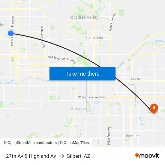 27th Av & Highland Av to Gilbert, AZ map