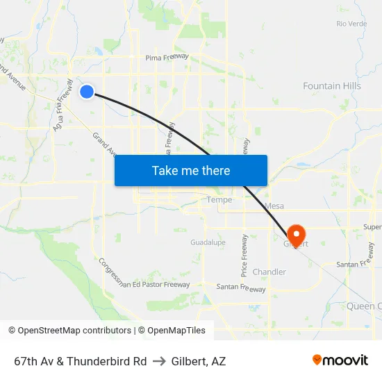 67th Av & Thunderbird Rd to Gilbert, AZ map