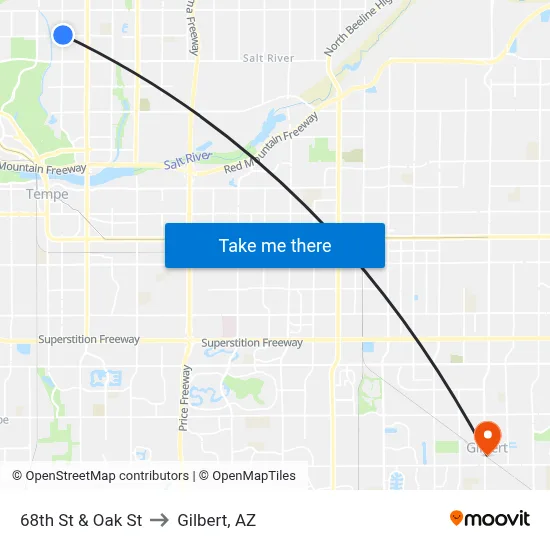 68th St & Oak St to Gilbert, AZ map