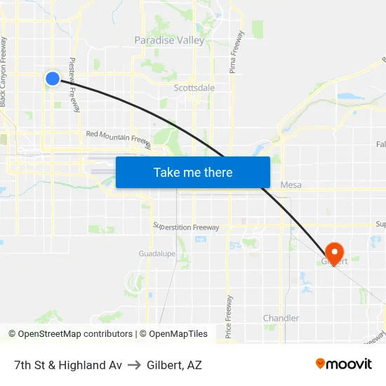 7th St & Highland Av to Gilbert, AZ map