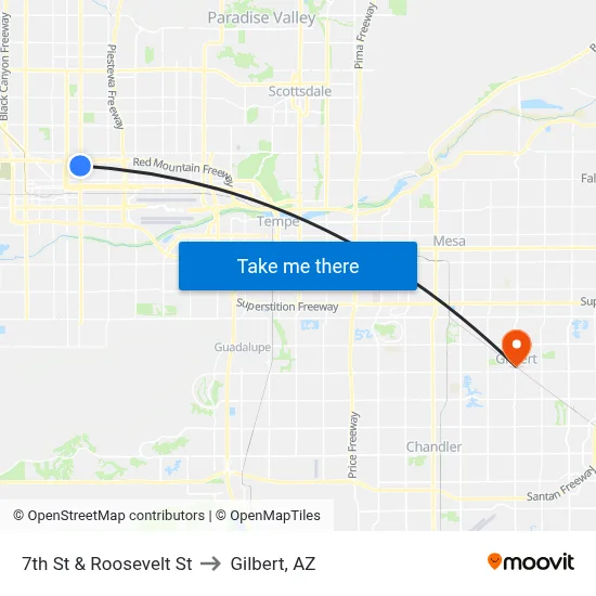 7th St & Roosevelt St to Gilbert, AZ map