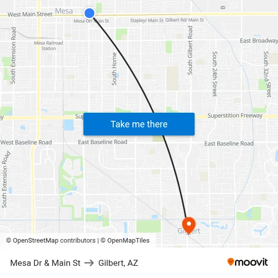 Mesa Dr & Main St to Gilbert, AZ map
