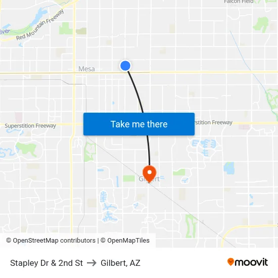 Stapley Dr & 2nd St to Gilbert, AZ map