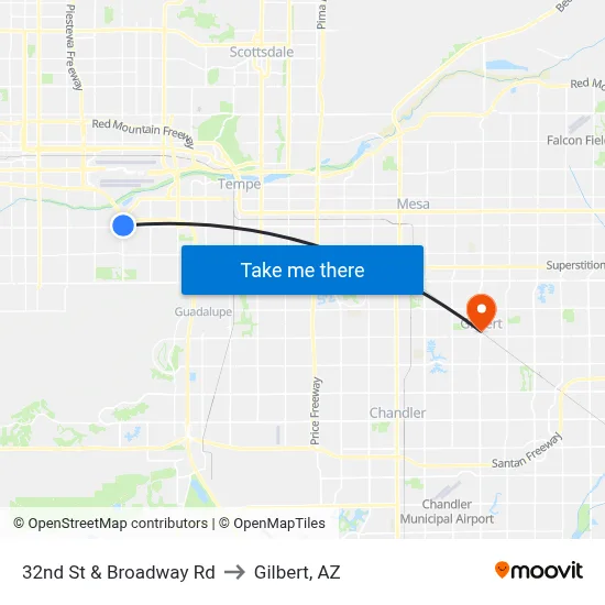 32nd St & Broadway Rd to Gilbert, AZ map