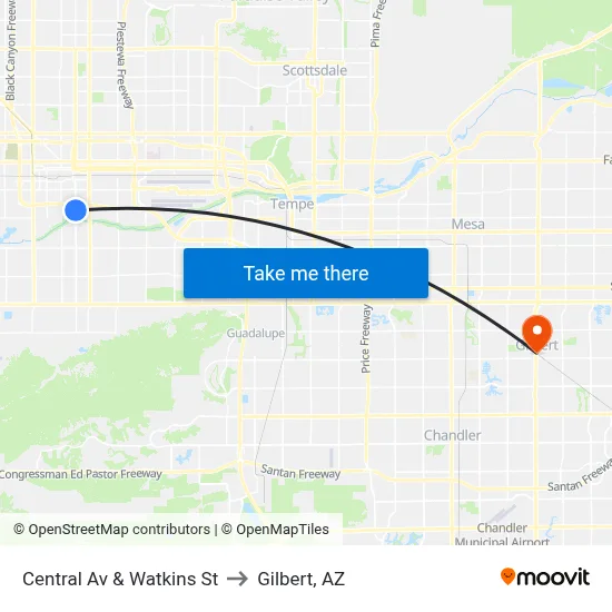 Central Av & Watkins St to Gilbert, AZ map