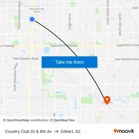 Country Club Dr & 8th Av to Gilbert, AZ map