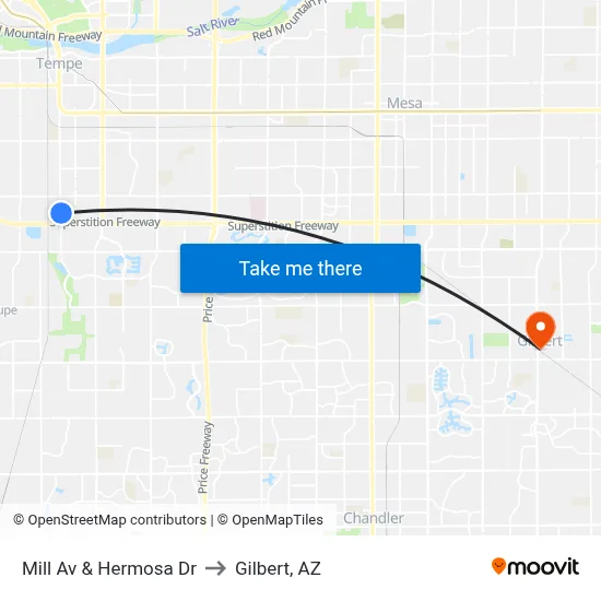 Mill Av & Hermosa Dr to Gilbert, AZ map