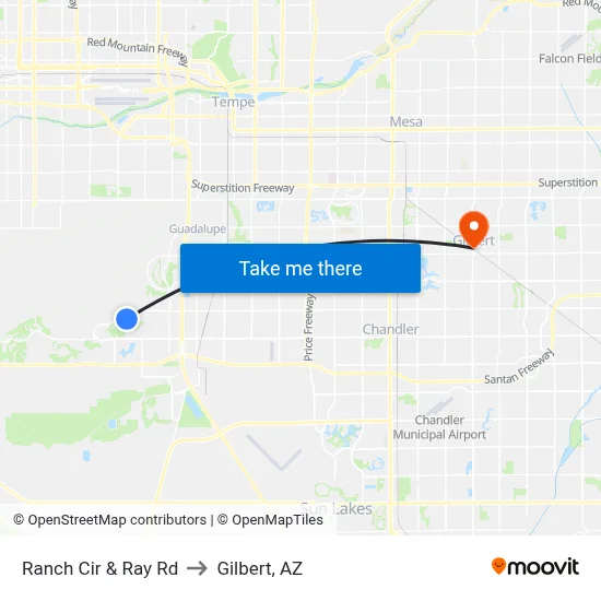 Ranch Cir & Ray Rd to Gilbert, AZ map