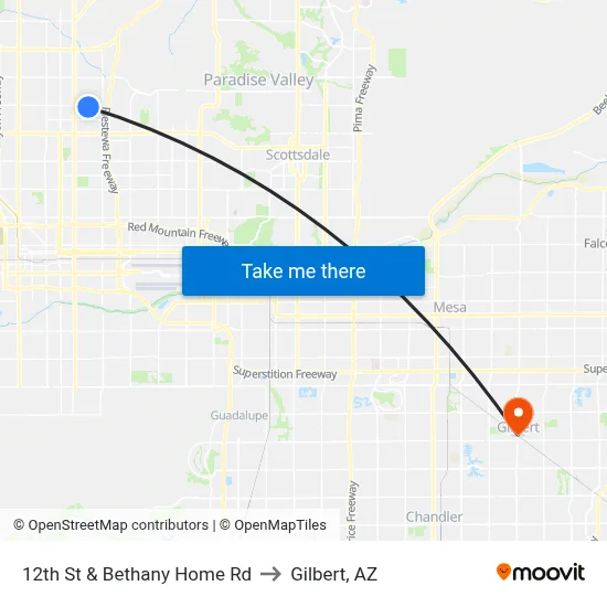 12th St & Bethany Home Rd to Gilbert, AZ map