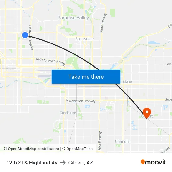 12th St & Highland Av to Gilbert, AZ map