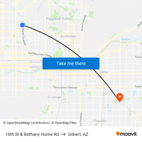 16th St & Bethany Home Rd to Gilbert, AZ map