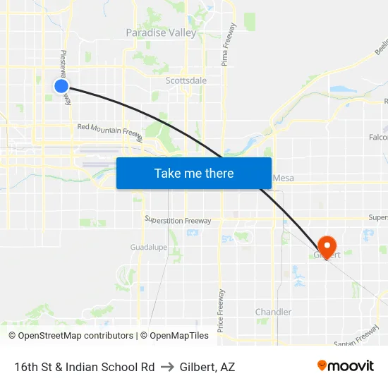 16th St & Indian School Rd to Gilbert, AZ map