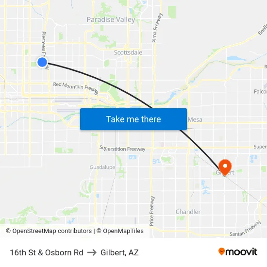 16th St & Osborn Rd to Gilbert, AZ map