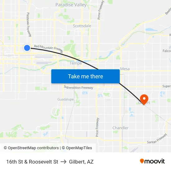16th St & Roosevelt St to Gilbert, AZ map