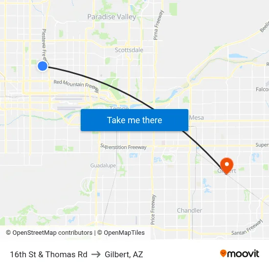 16th St & Thomas Rd to Gilbert, AZ map