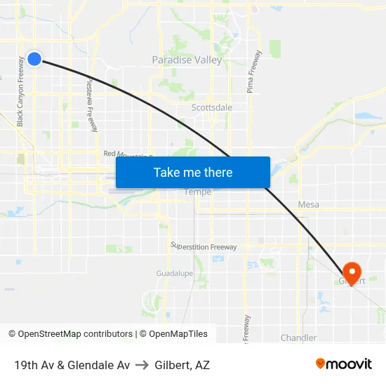 19th Av & Glendale Av to Gilbert, AZ map