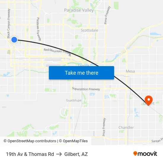 19th Av & Thomas Rd to Gilbert, AZ map